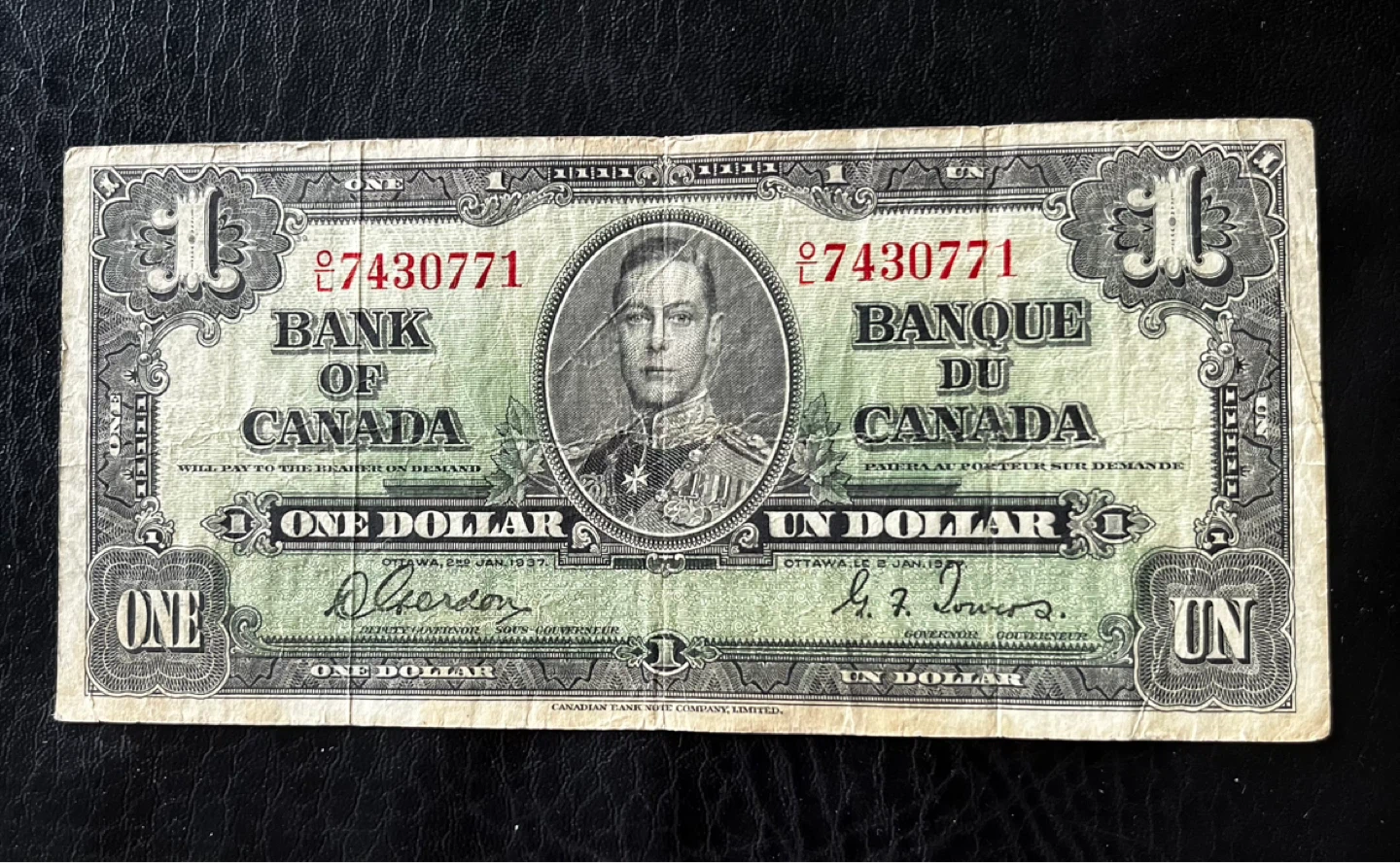 Vintage 1937 Bank of Canada One Dollar Bill