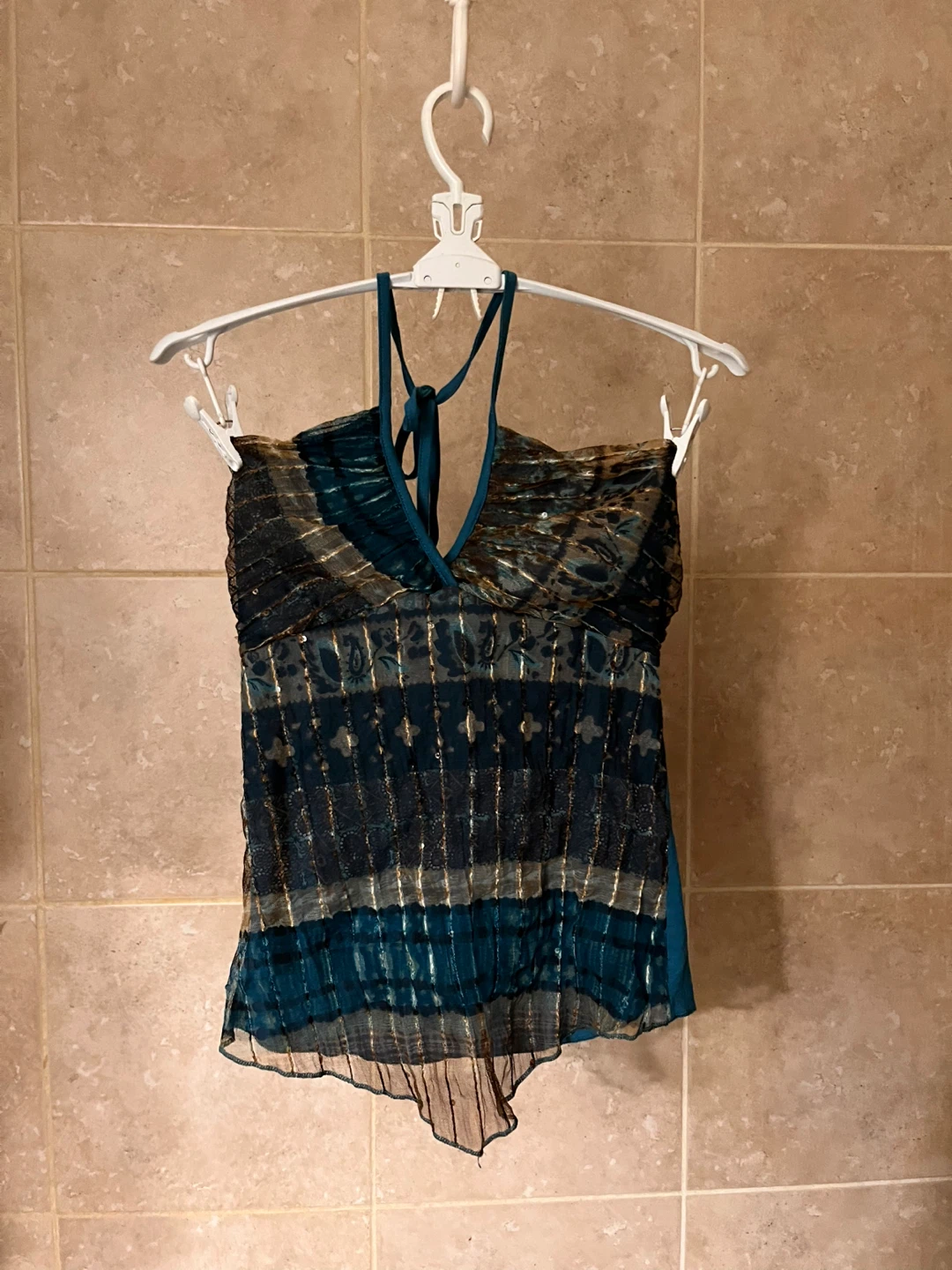 Christelle Paris Teal & Gold Halter Top