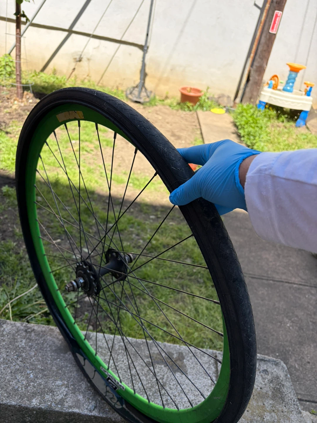 Green and Blue Bicycle Wheel with Tire - photo 2