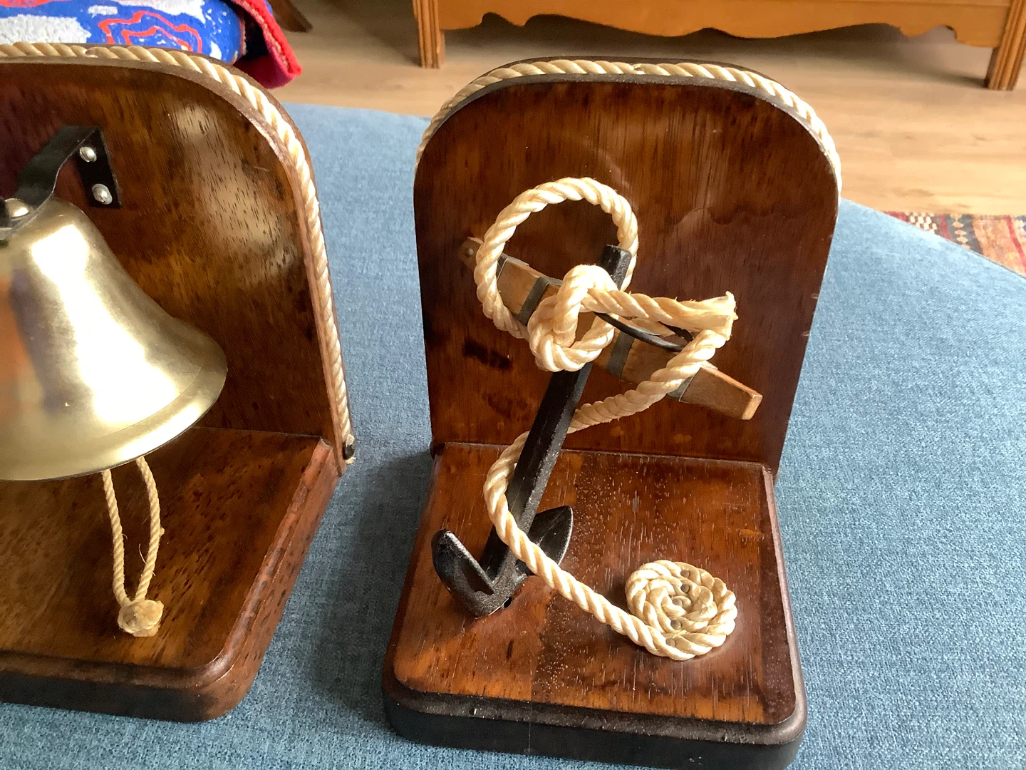Vtg Wooden Nautical Bookends - Bell & Anchor 🐞 - photo 5