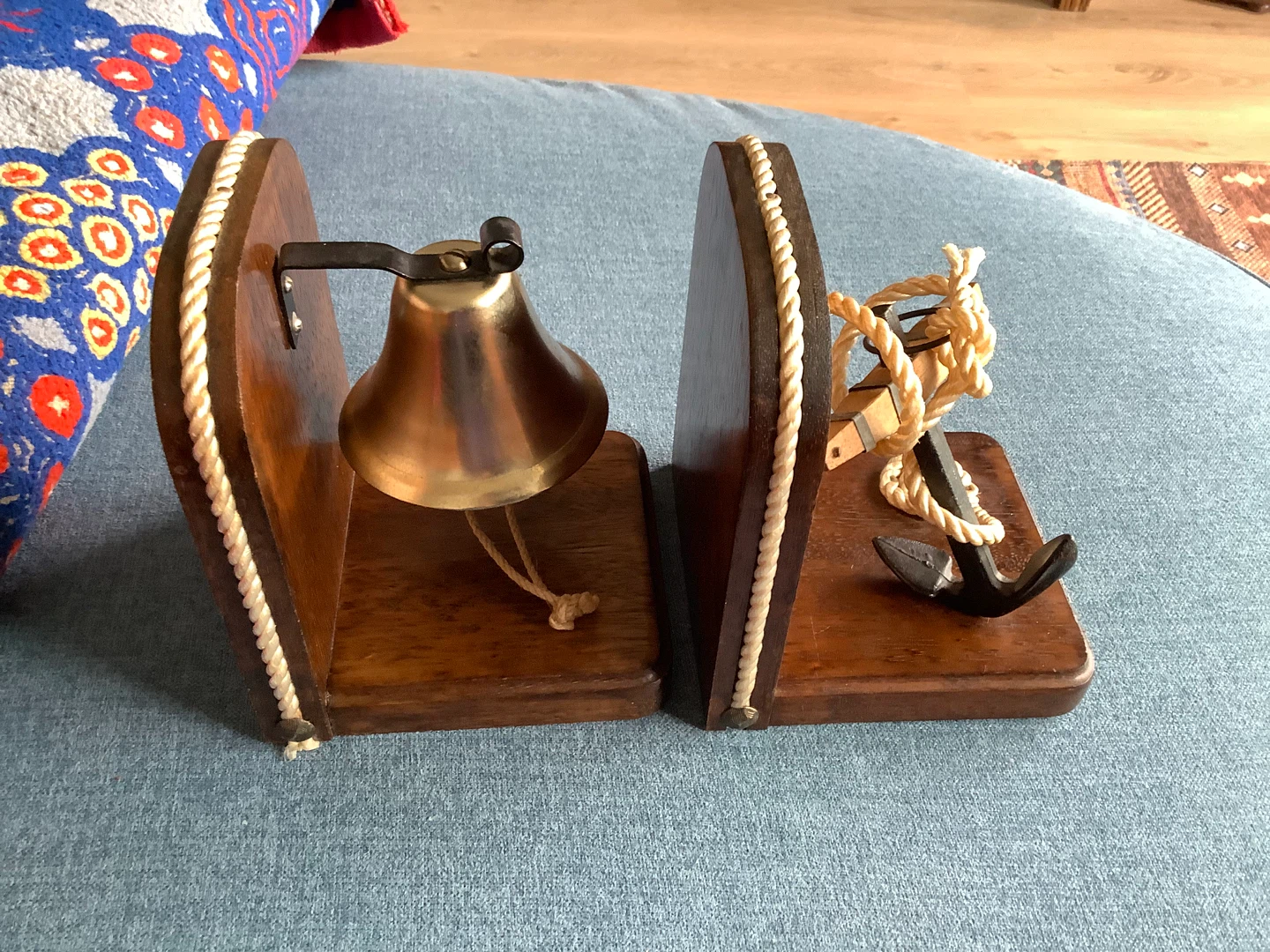 Vtg Wooden Nautical Bookends - Bell & Anchor 🐞 - photo 3