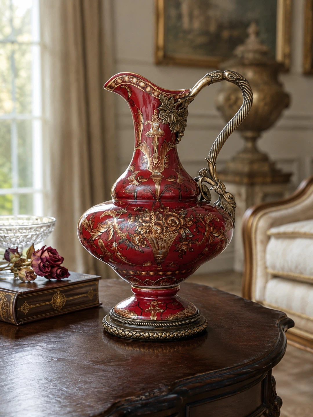 Decorative Red Pitcher with Ornate Gold Accents