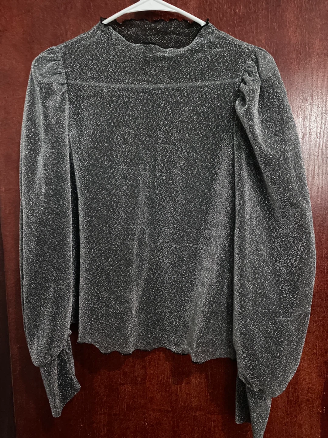 Sparkly Mock Neck Puff Sleeve Top - Size Medium
