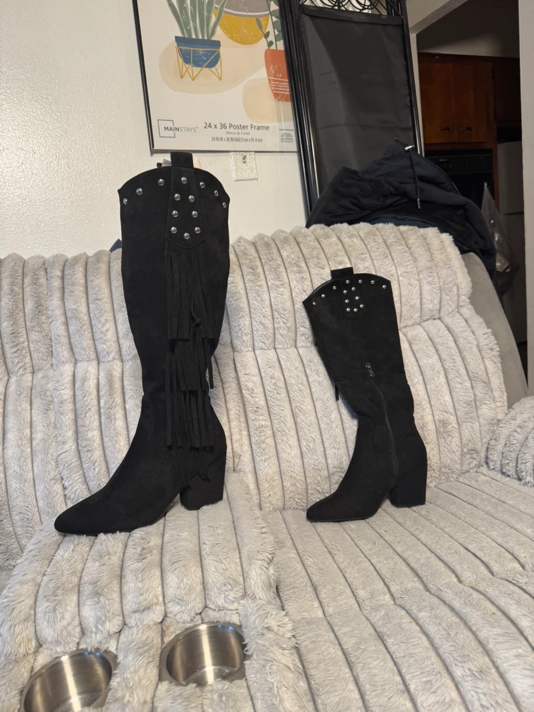 Black Suede Western Fringe Boots with Studs - photo 4