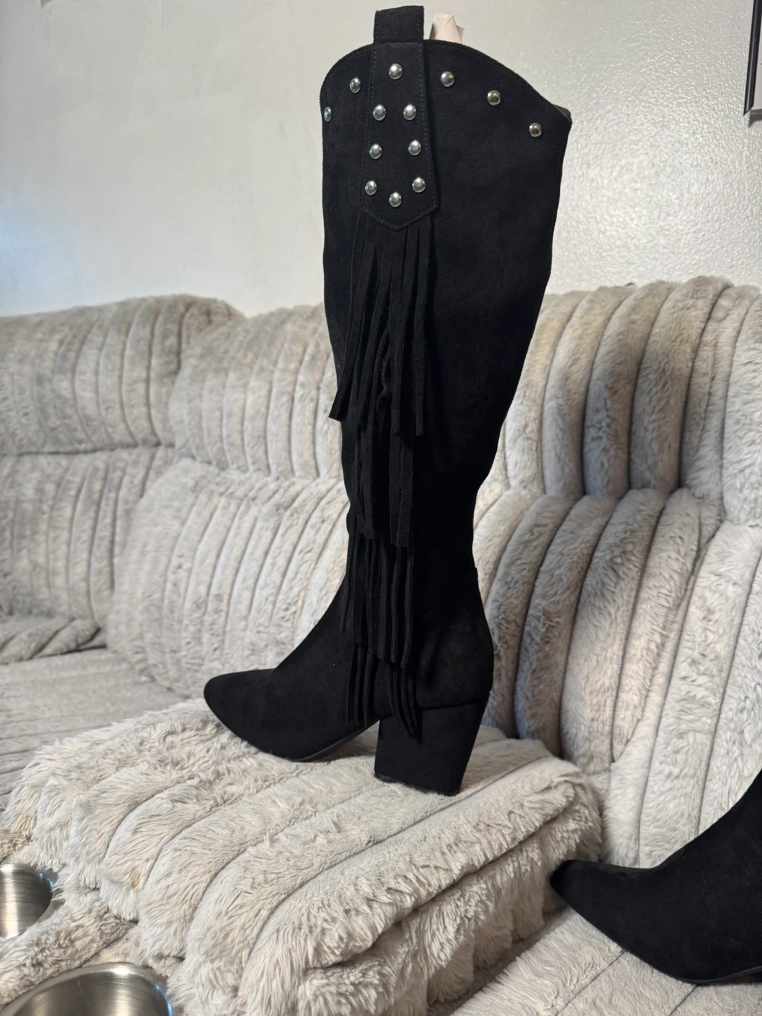 Black Suede Western Fringe Boots with Studs