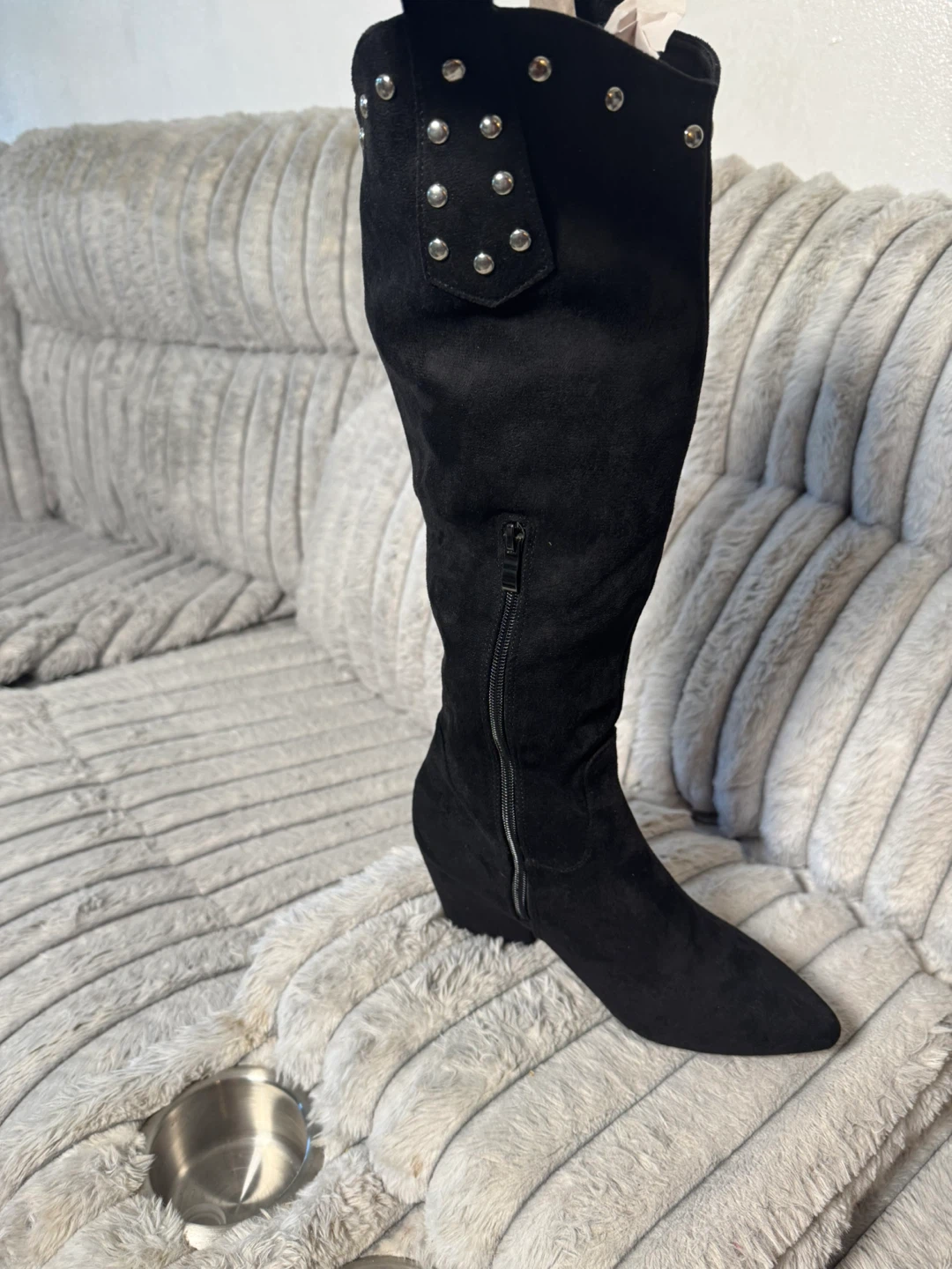 Black Suede Western Fringe Boots with Studs - photo 5