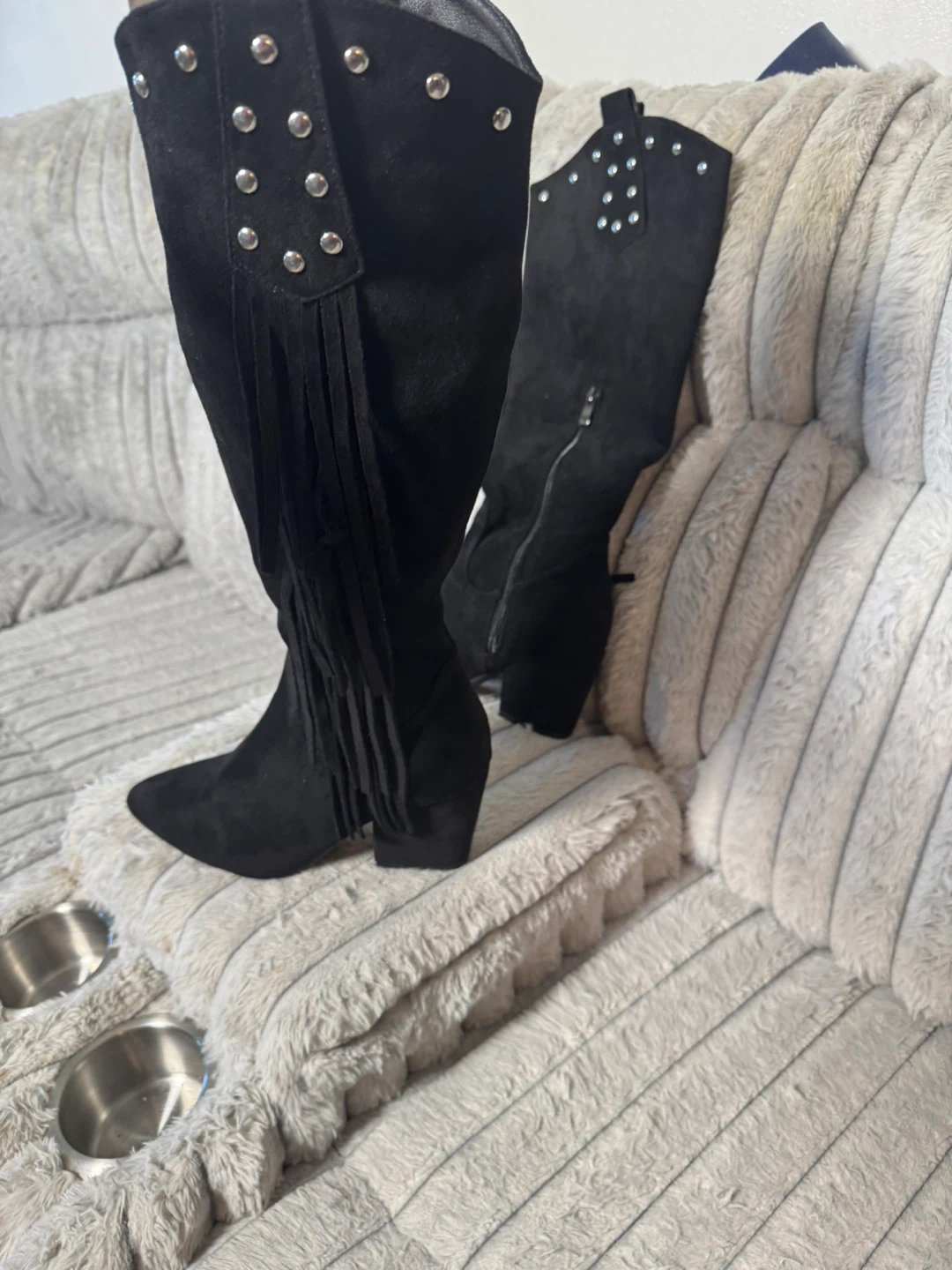 Black Suede Western Fringe Boots with Studs - photo 2