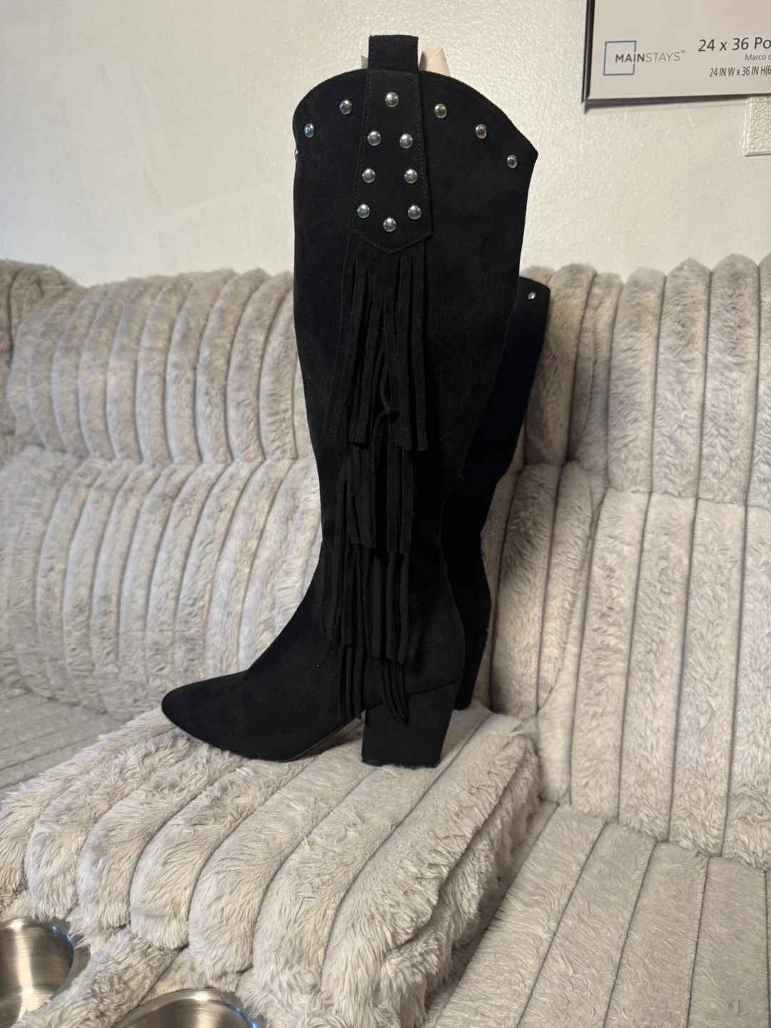 Black Suede Western Fringe Boots with Studs - photo 3