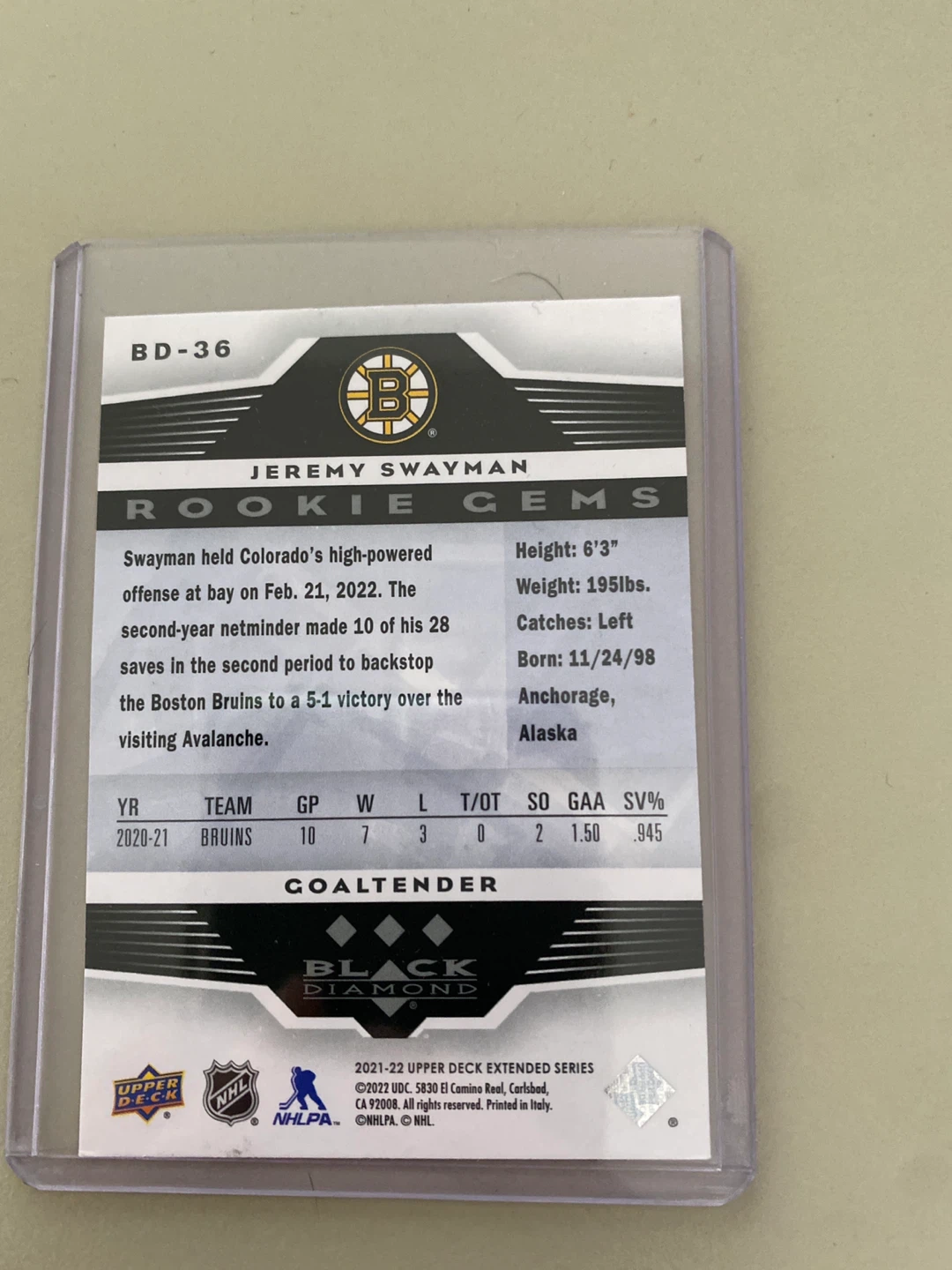 Jeremy Swayman Rookie Gems Hockey Card - Black Diamond - photo 2
