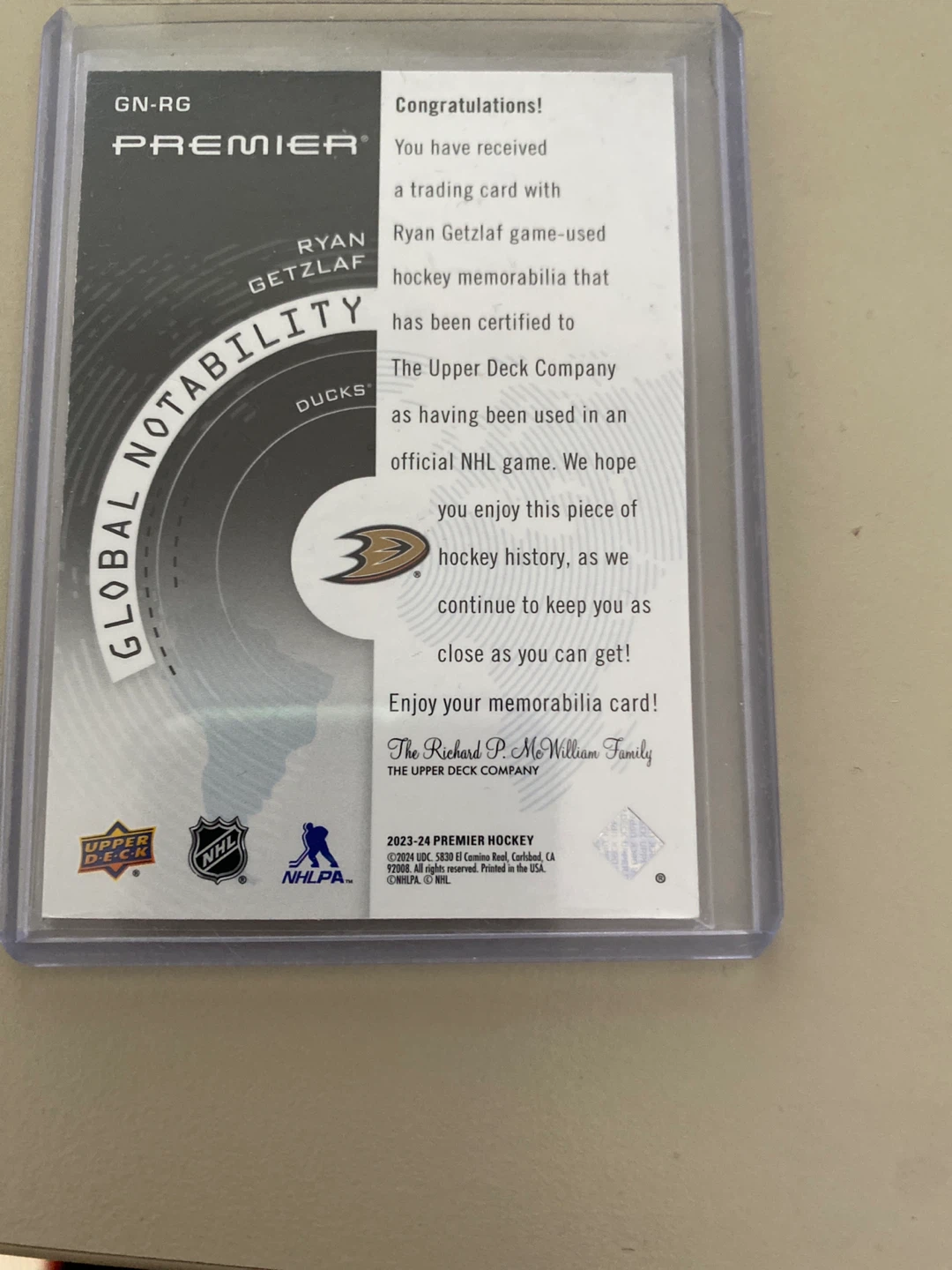 Upper Deck 2023-24 Premier Hockey Ryan Getzlaf Jersey Card - photo 2
