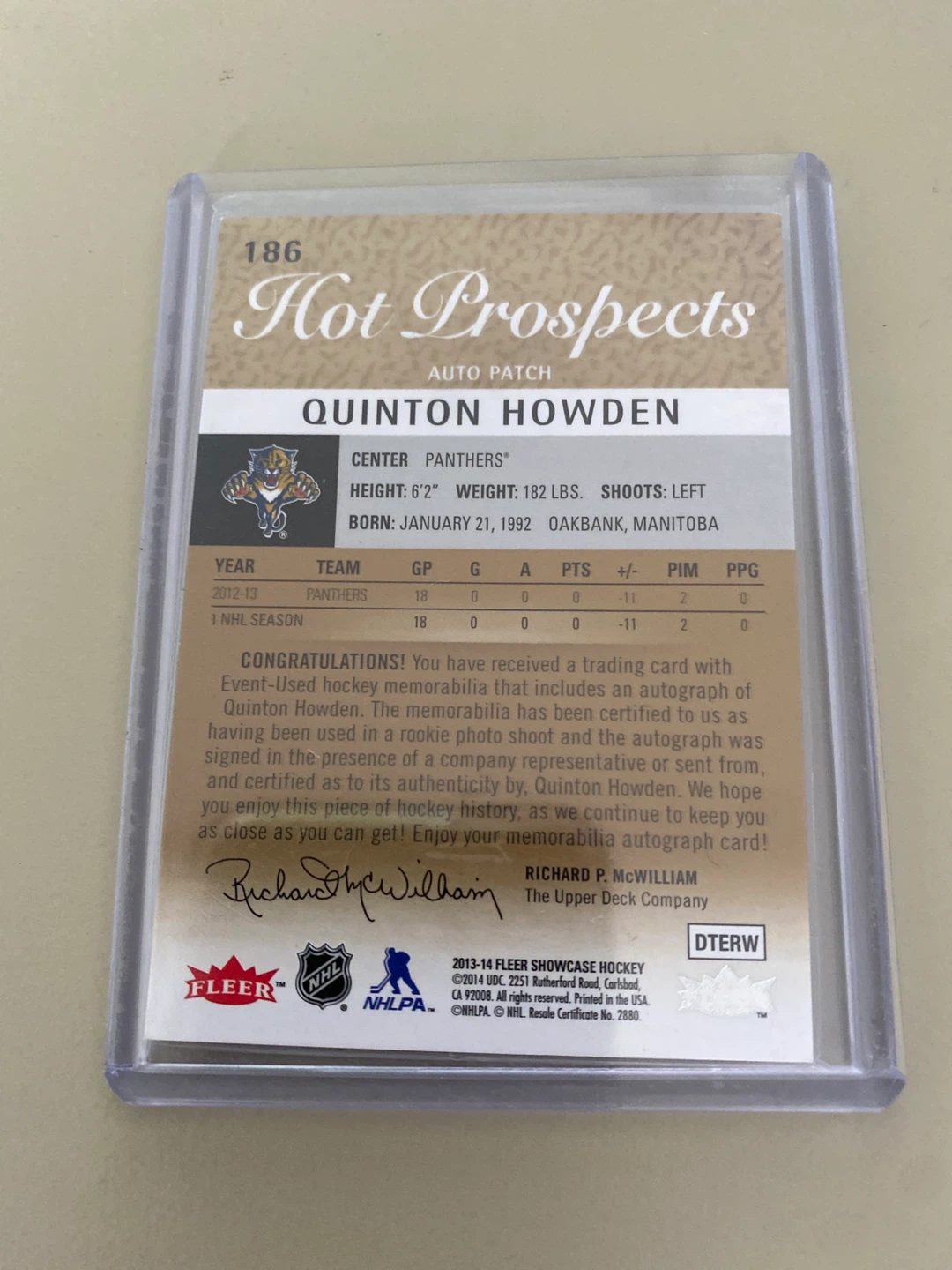 Fleer Hot Prospects Quinton Howden Auto Patch Hockey Card - photo 2