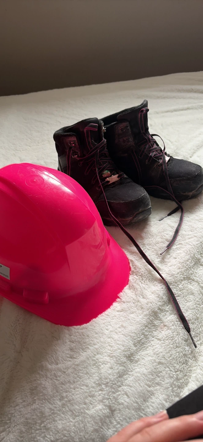 Pink Safety Hard Hat and Black Work Boots - photo 2