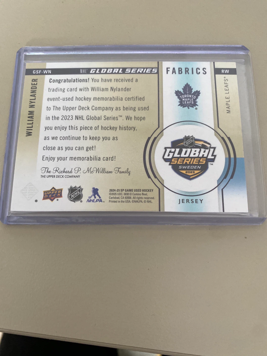 William Nylander 2023 NHL Global Series Fabrics Jersey Card - photo 2