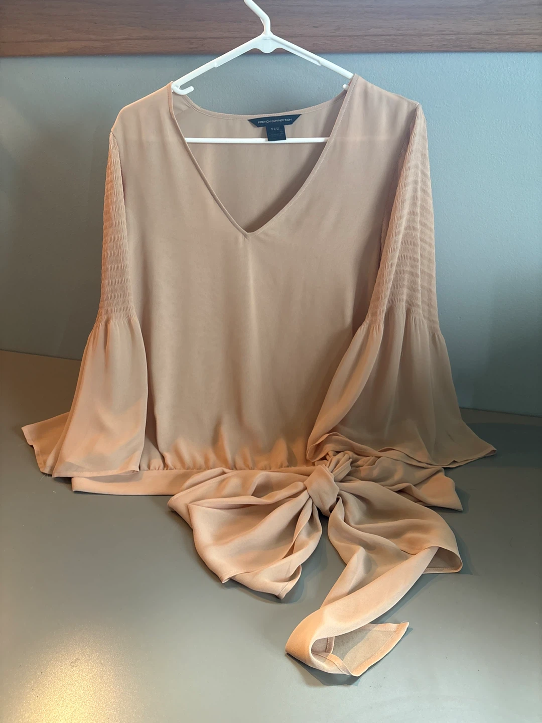 French Connection Beige Bell Sleeve Bow Blouse
