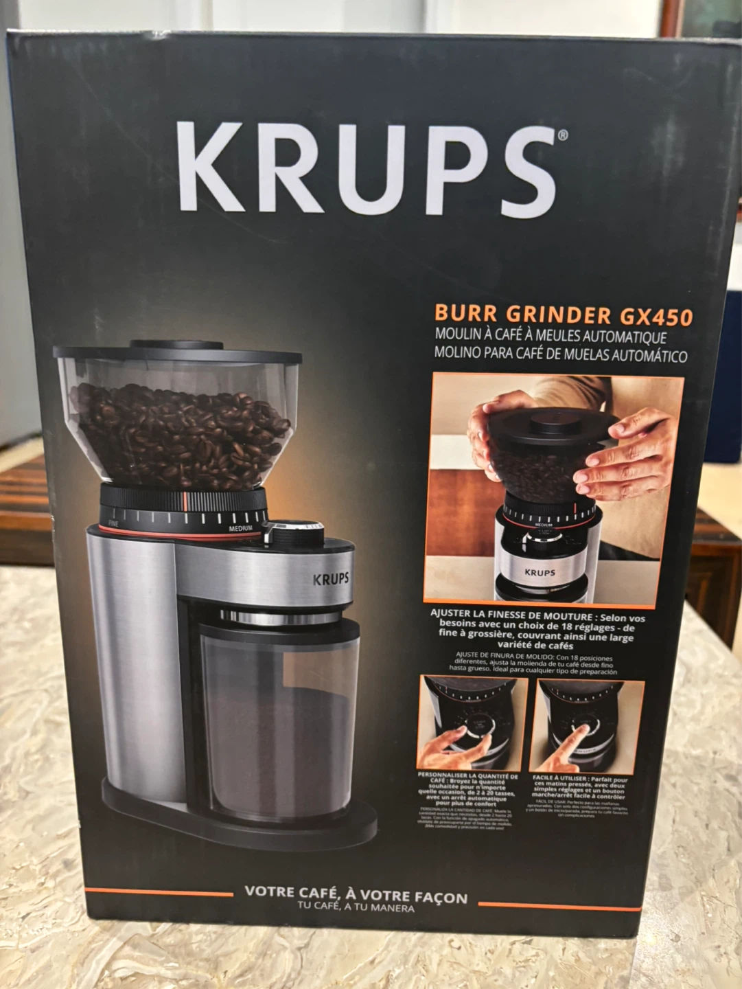 KRUPS GX450 Flat Burr Coffee Grinder - Black Stainless Steel