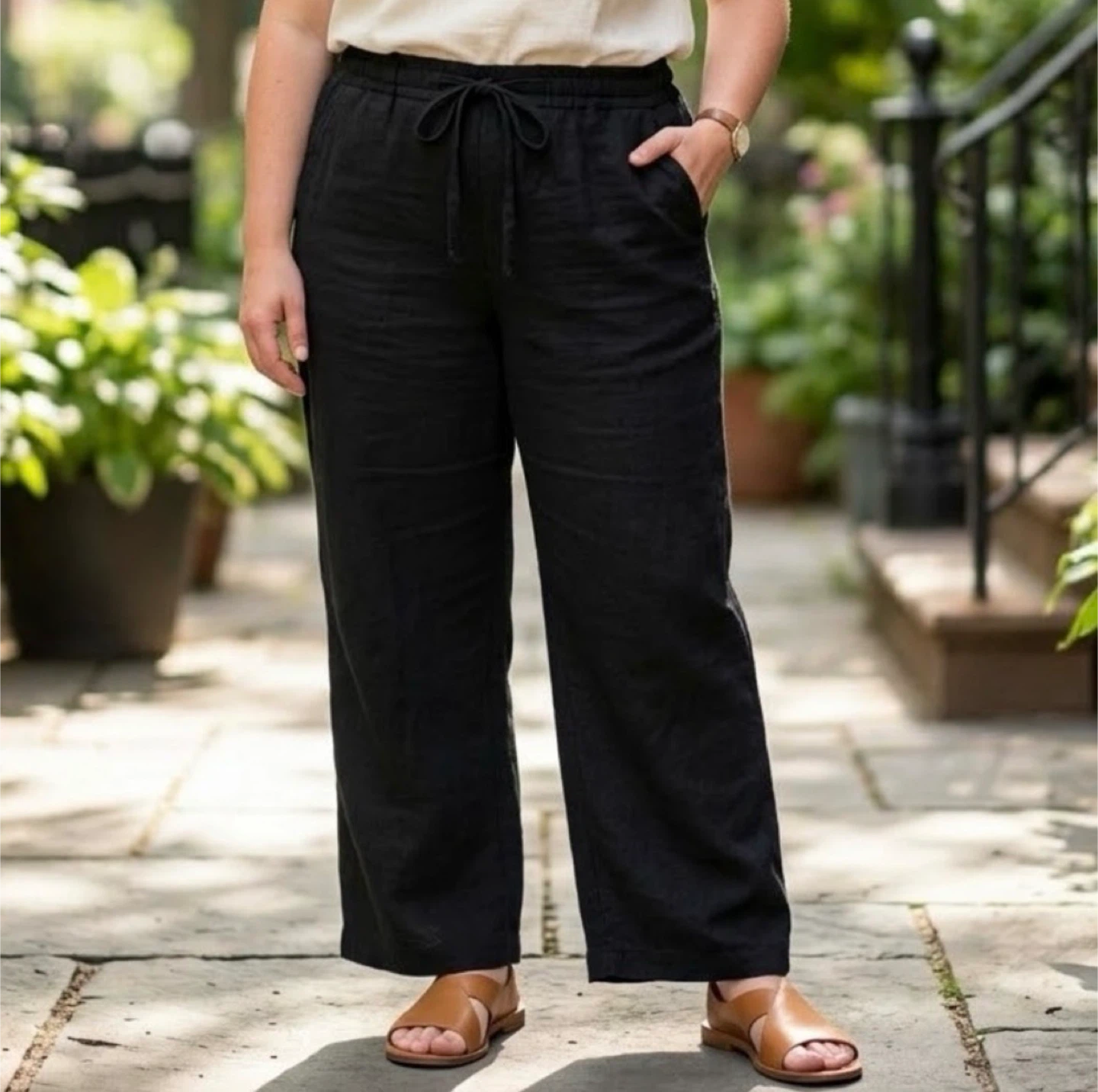 Black Linen Blend Wide Leg Pants - photo 2
