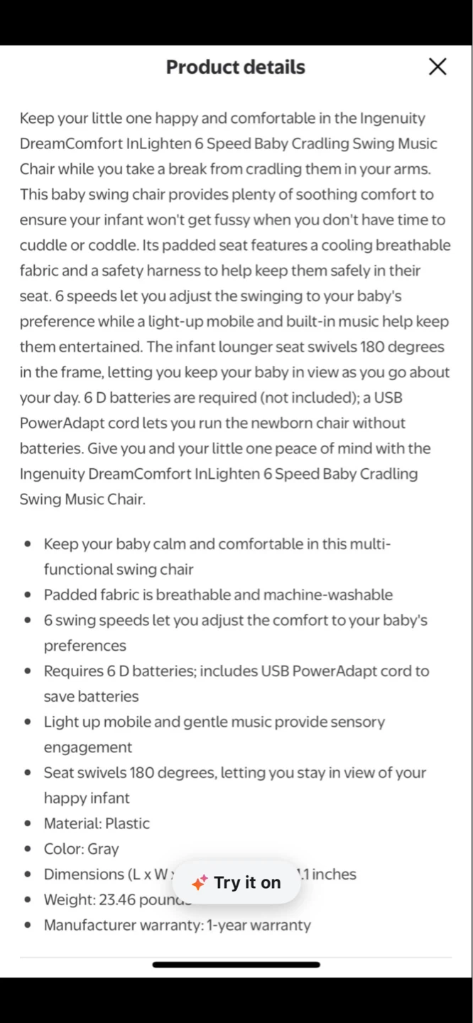 Ingenuity DreamComfort InLighten 6-Speed Baby Swing Chair - photo 2