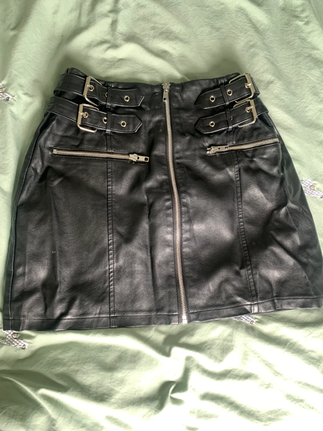 Black Faux Leather Buckle Mini Skirt