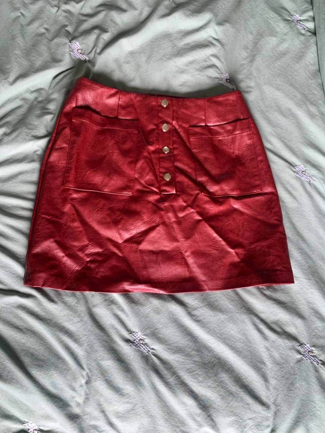 Red Faux Leather Button-Front Mini Skirt
