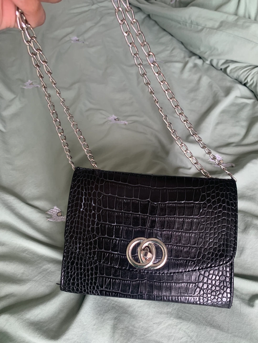 Black Croc-Embossed Crossbody Bag