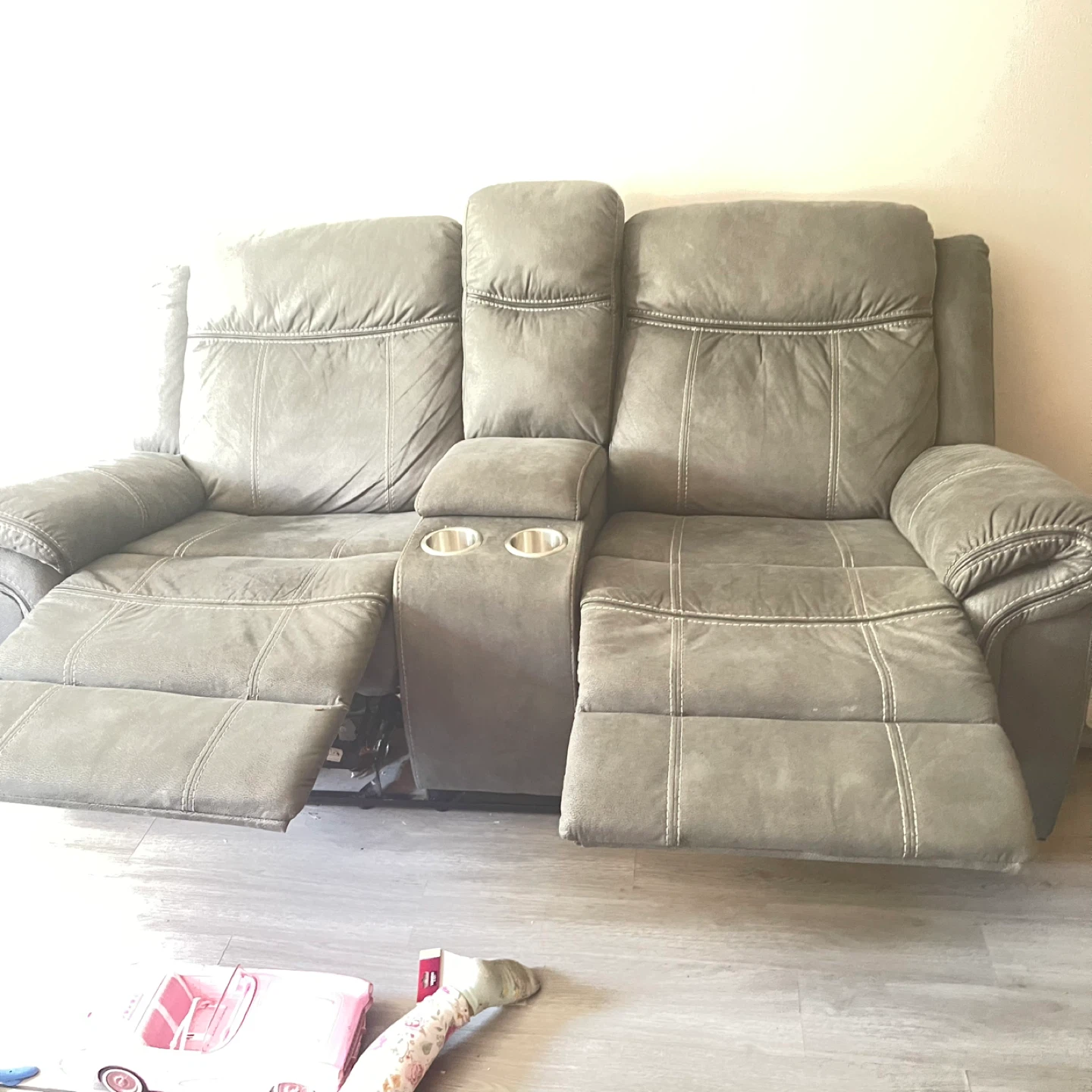 Gray Reclining Sofa with Center Console and Cup Holders - photo 4
