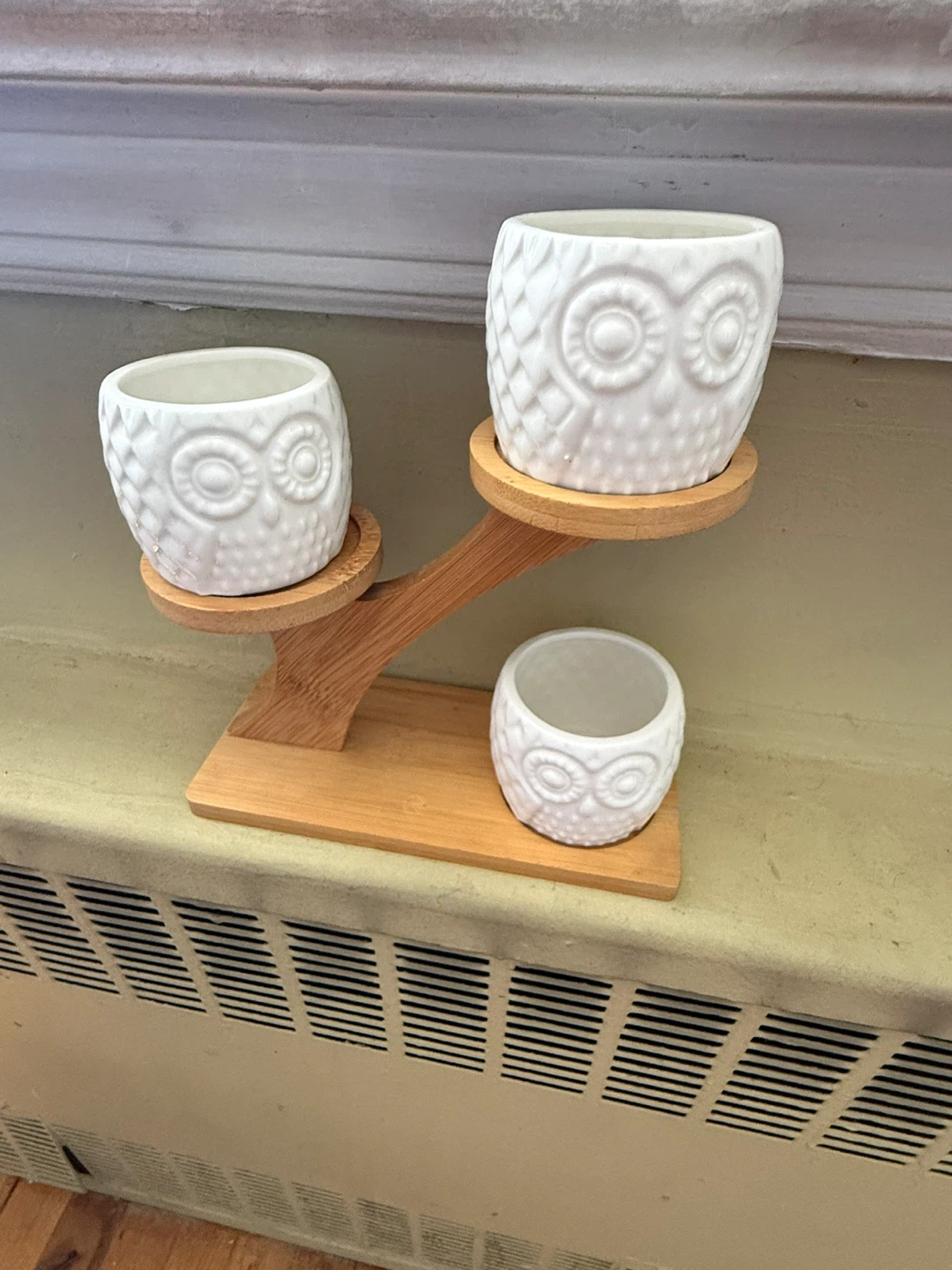 White Owl Ceramic Planter Set with Bamboo Stand