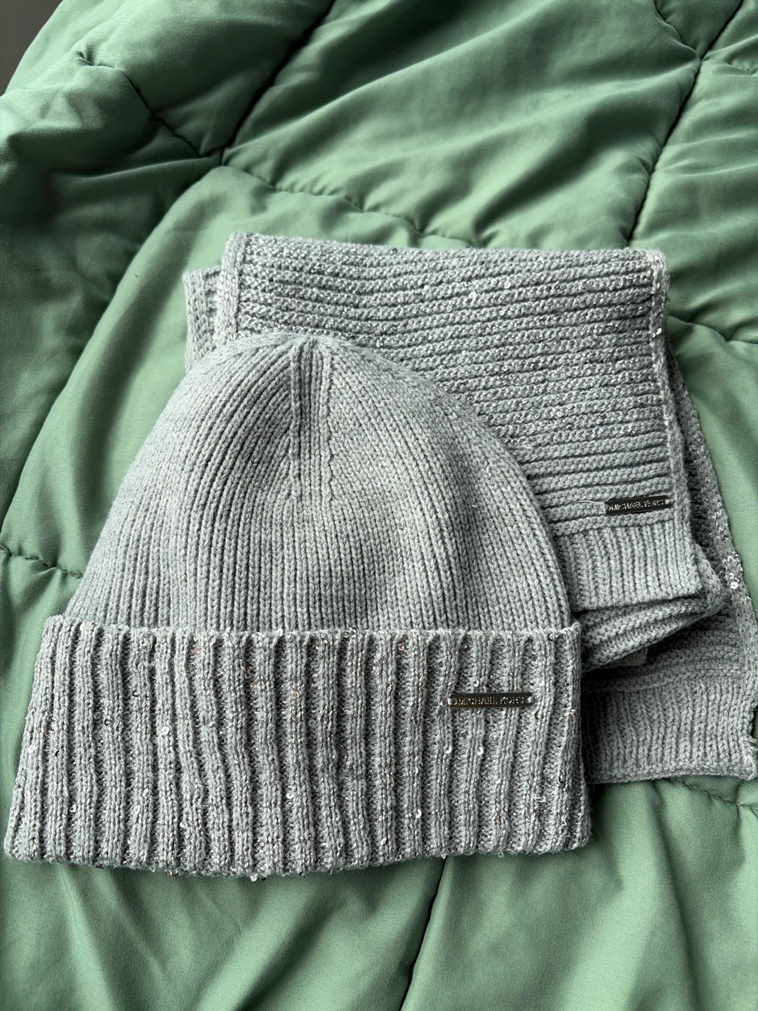 Michael Kors Grey Sequin Knit Hat and Scarf Set