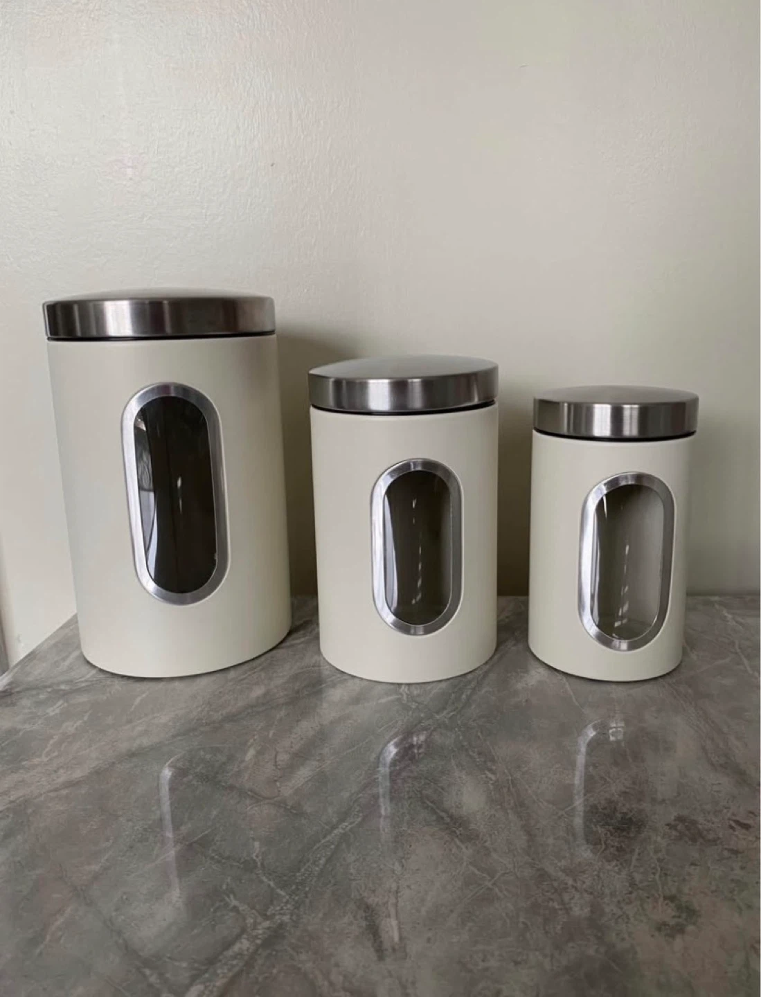 Set of 3 Cream Canisters with Stainless Steel Lids