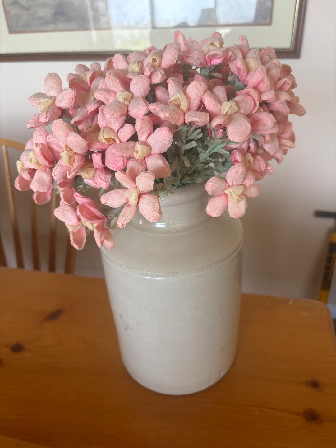 Vintage Ceramic Vase with Pink Paper Flowers