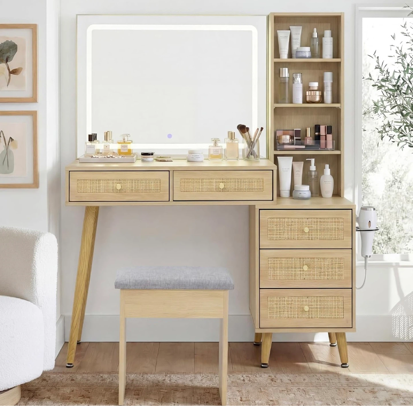 Lighted Vanity Desk with Stool and Storage Shelves - photo 2