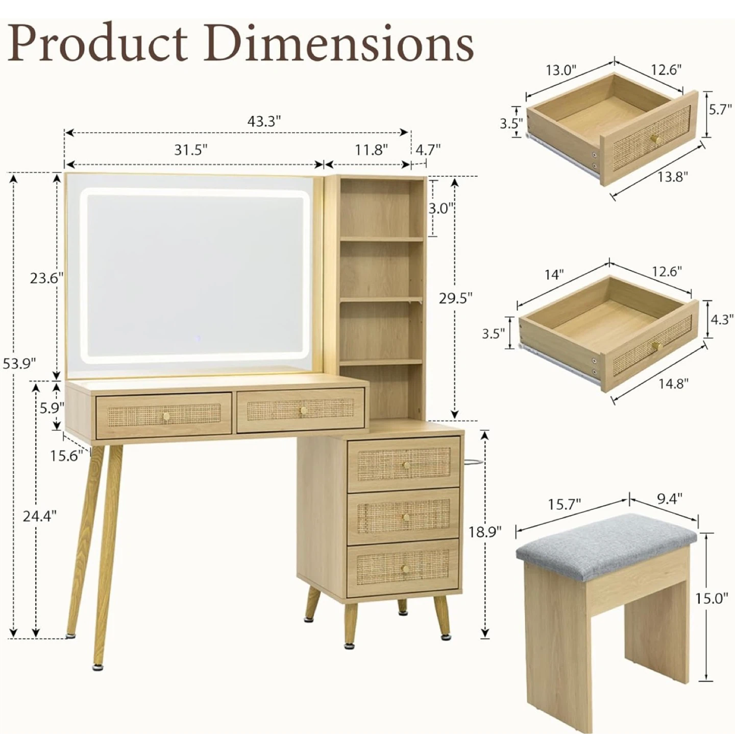 Lighted Vanity Desk with Stool and Storage Shelves - photo 3
