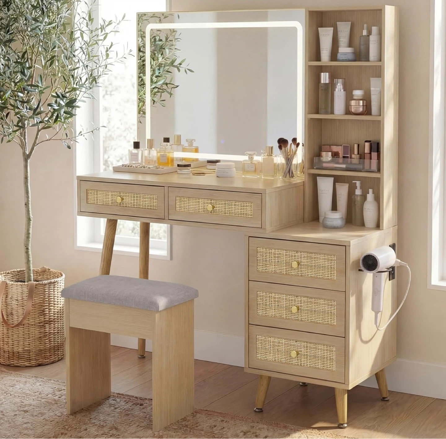 Lighted Vanity Desk with Stool and Storage Shelves