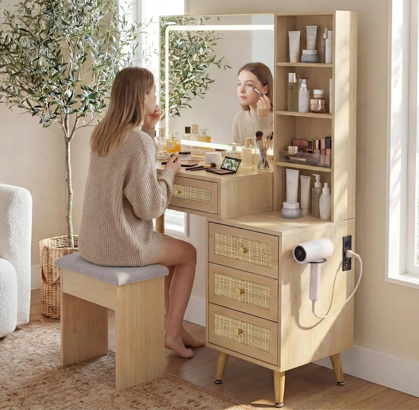 Lighted Vanity Desk with Stool and Storage Shelves - photo 4
