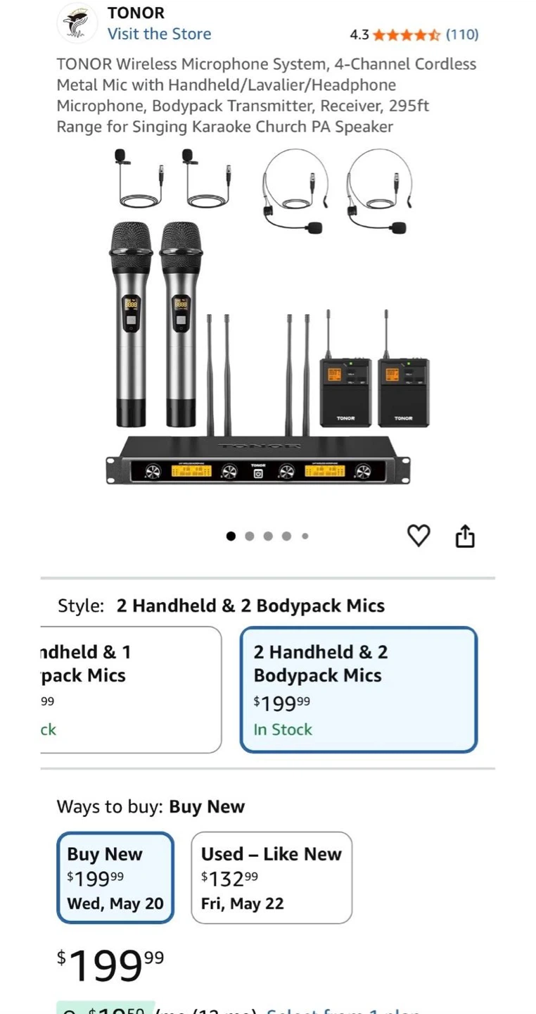 TONOR Wireless Microphone System, 4-Channel