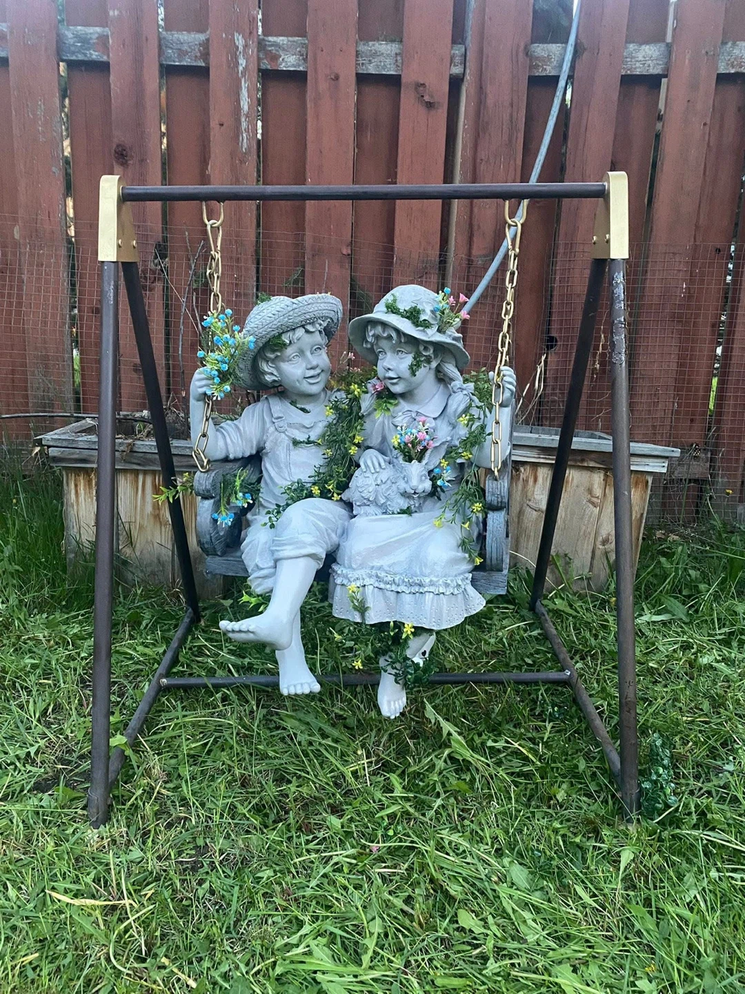 Garden Statue of Two Children on a Swing