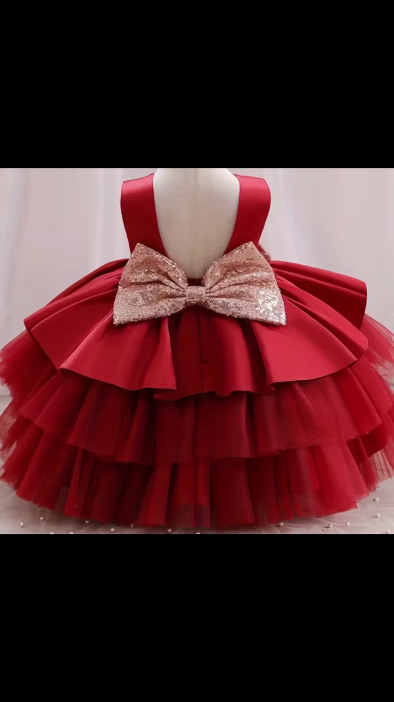 Girls Red Tiered Tulle Dress with Sequin Bow