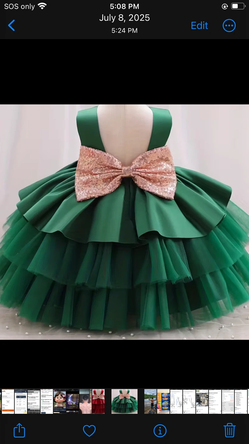Girls' Emerald Green Tiered Gown with Sequin Bow