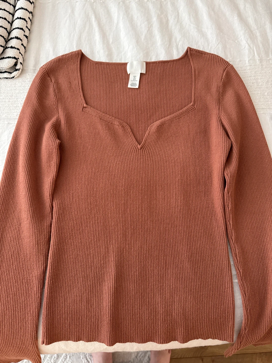 H&M Ribbed Knit Square Neck Long Sleeve Top - Brown - Medium