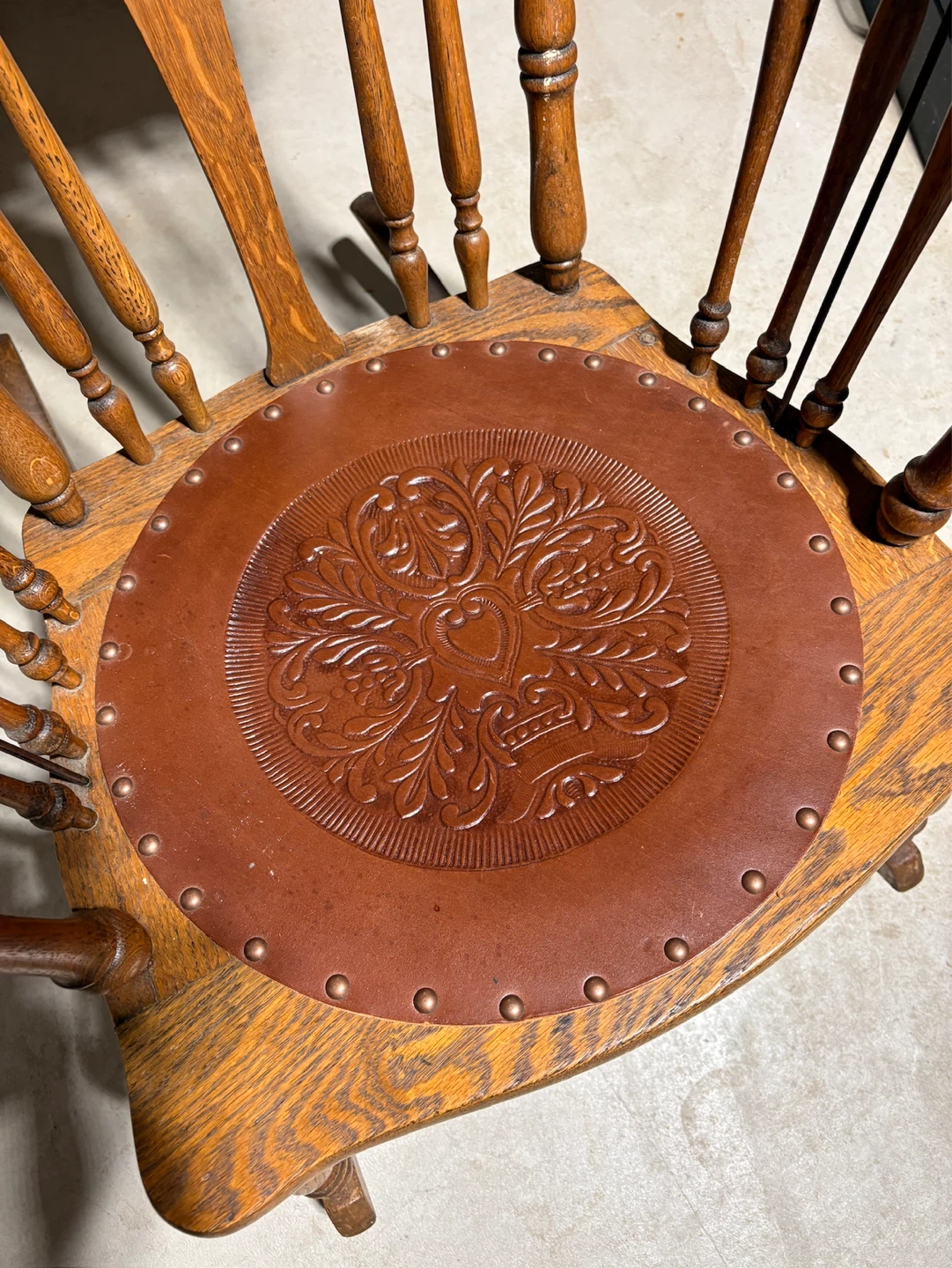 Vintage Wooden Arm Chair with Embossed Leather Seat