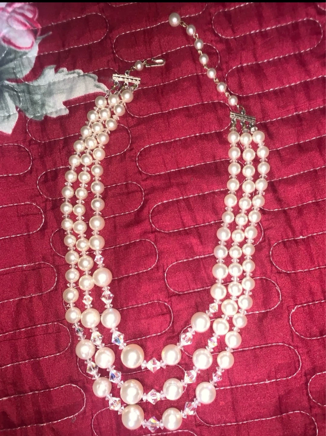 3-Strand Faux Pearl and Crystal Necklace