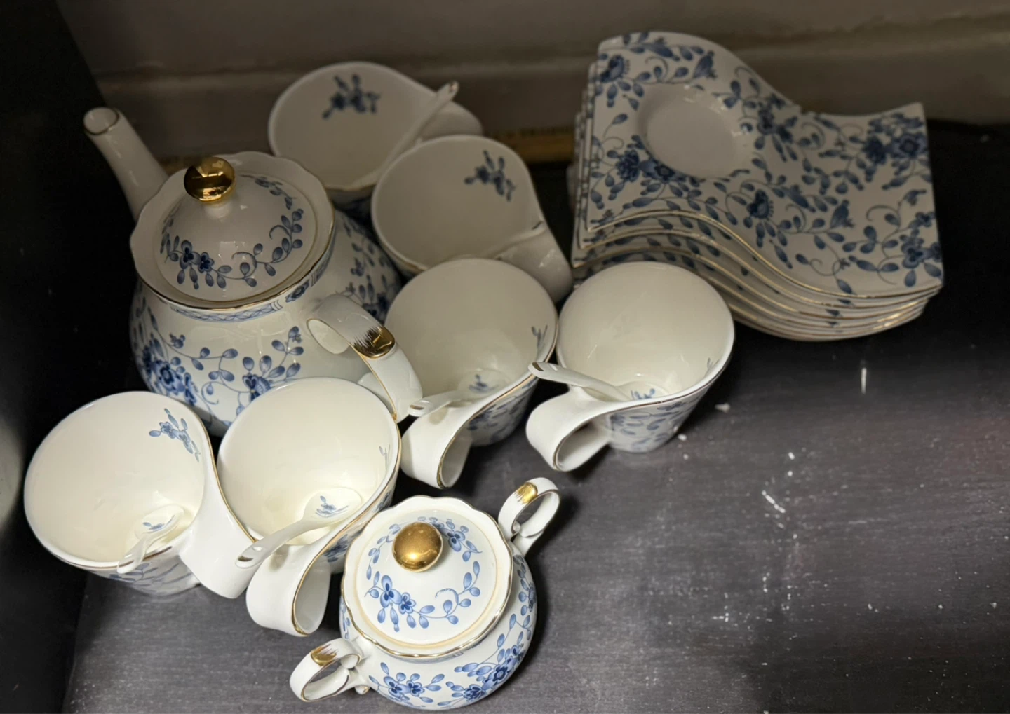 Blue Floral Teapot and Cup Set with gold plated lining