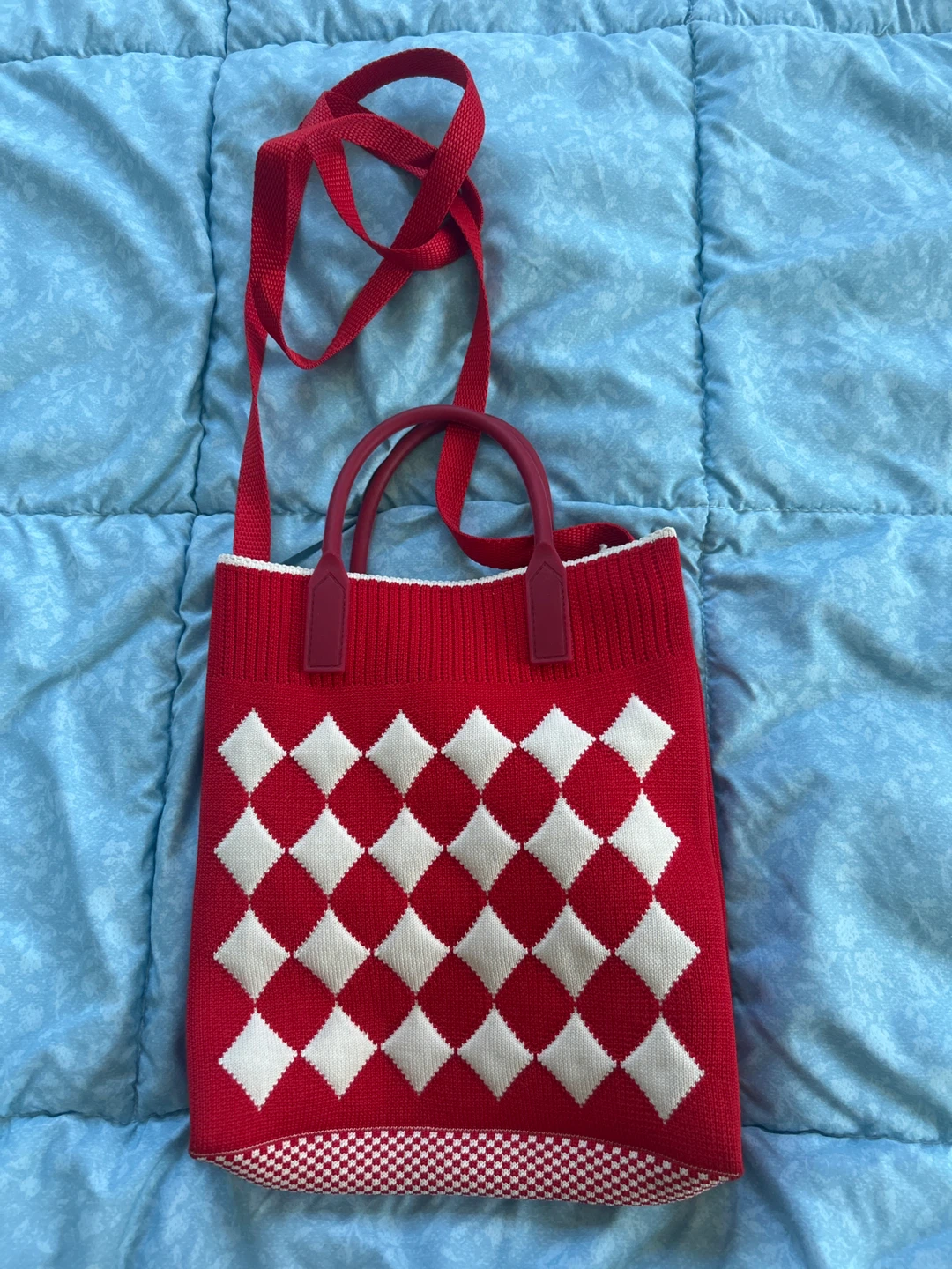 Red and White Argyle Knit Tote Bag