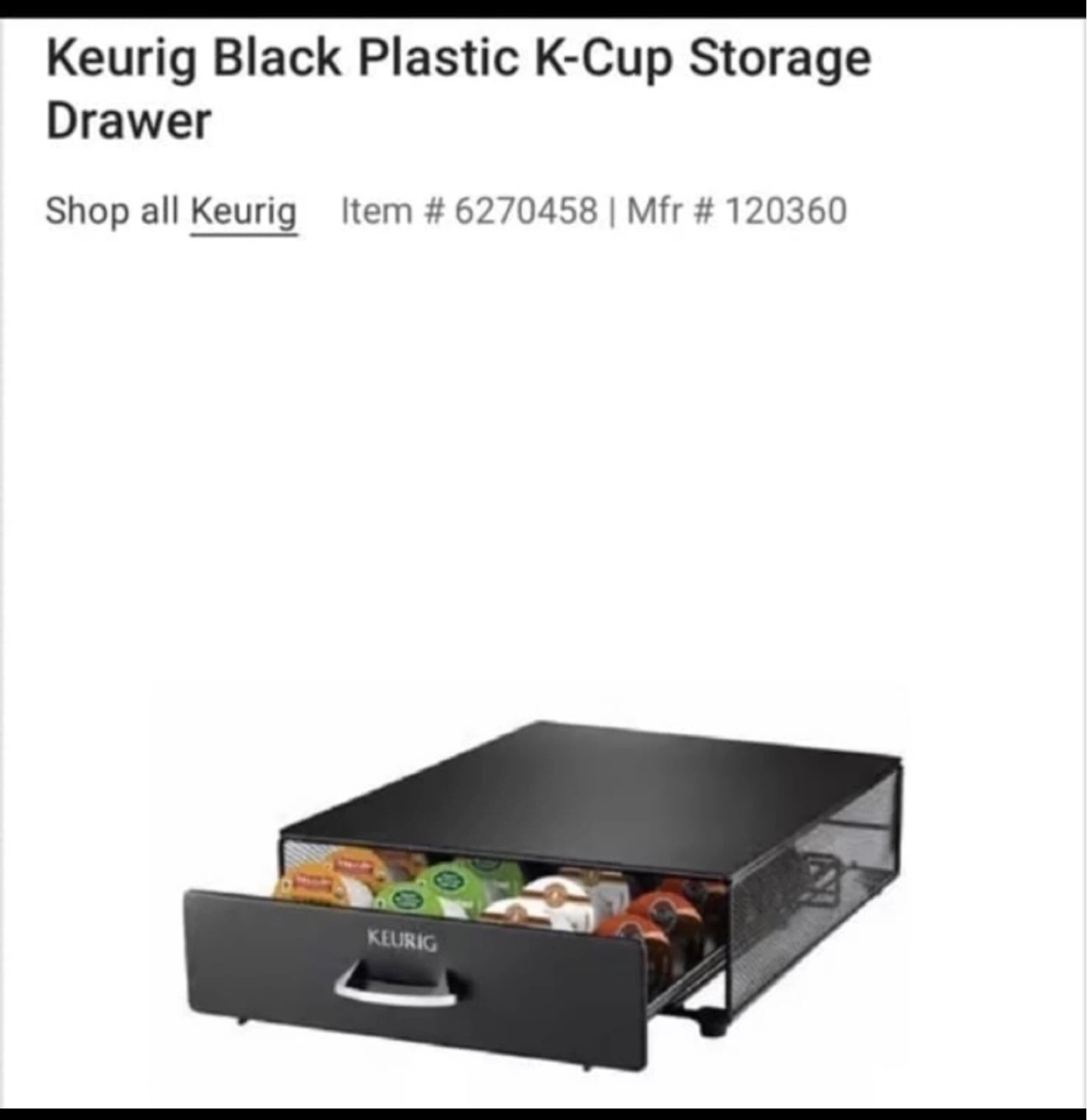 Keurig Black Plastic K-Cup Storage Drawer