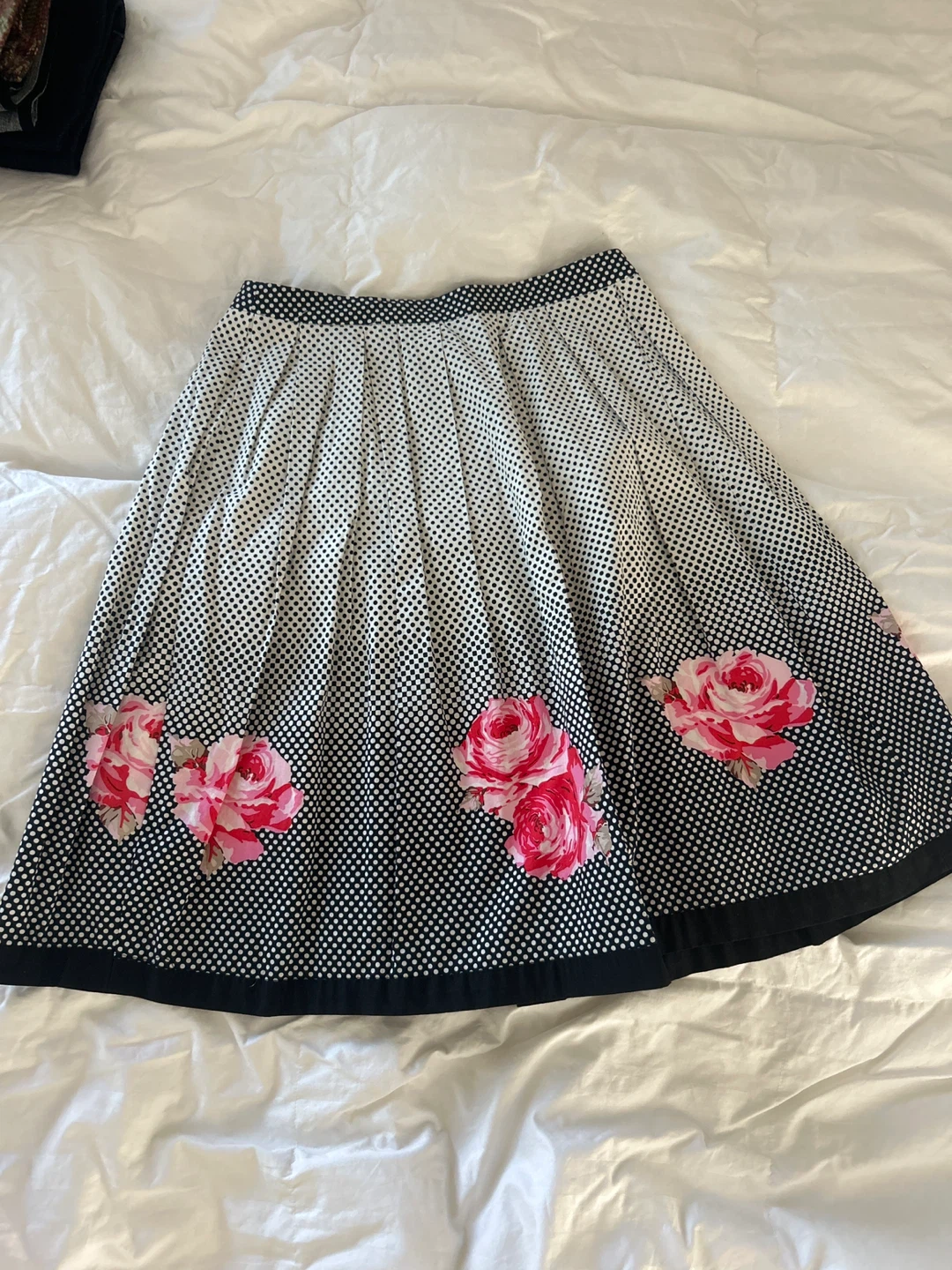 Black and White Polka Dot Midi Skirt with Pink Roses
