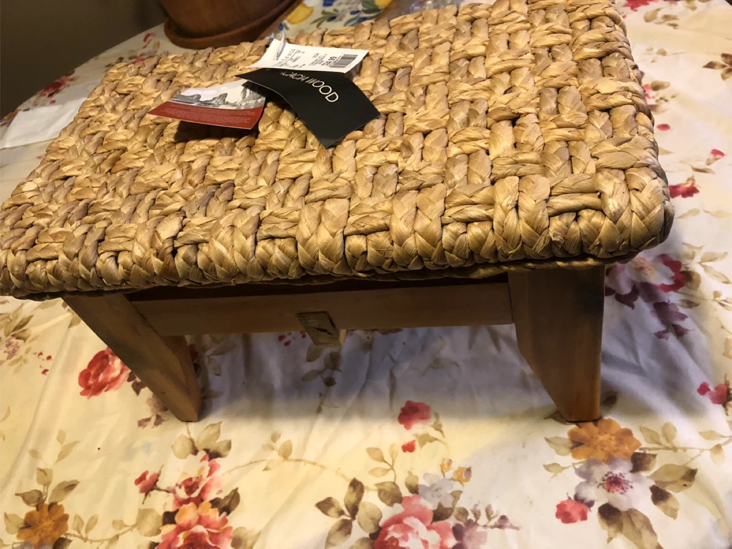 NEW Footstool HOMESENSE Acacia Wood Woven Rattan Stool