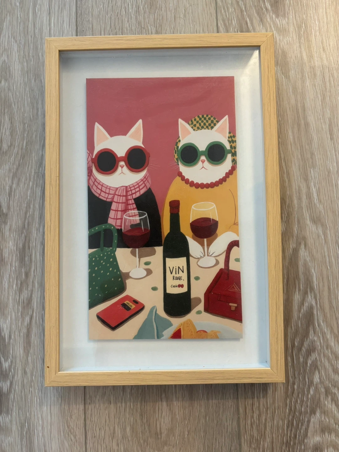 Framed Art Print of Two Cats Enjoying Wine