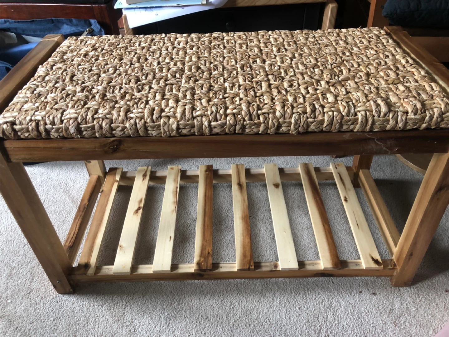 Acacia Wood Bench with Woven Rattan Seat- Outdoor