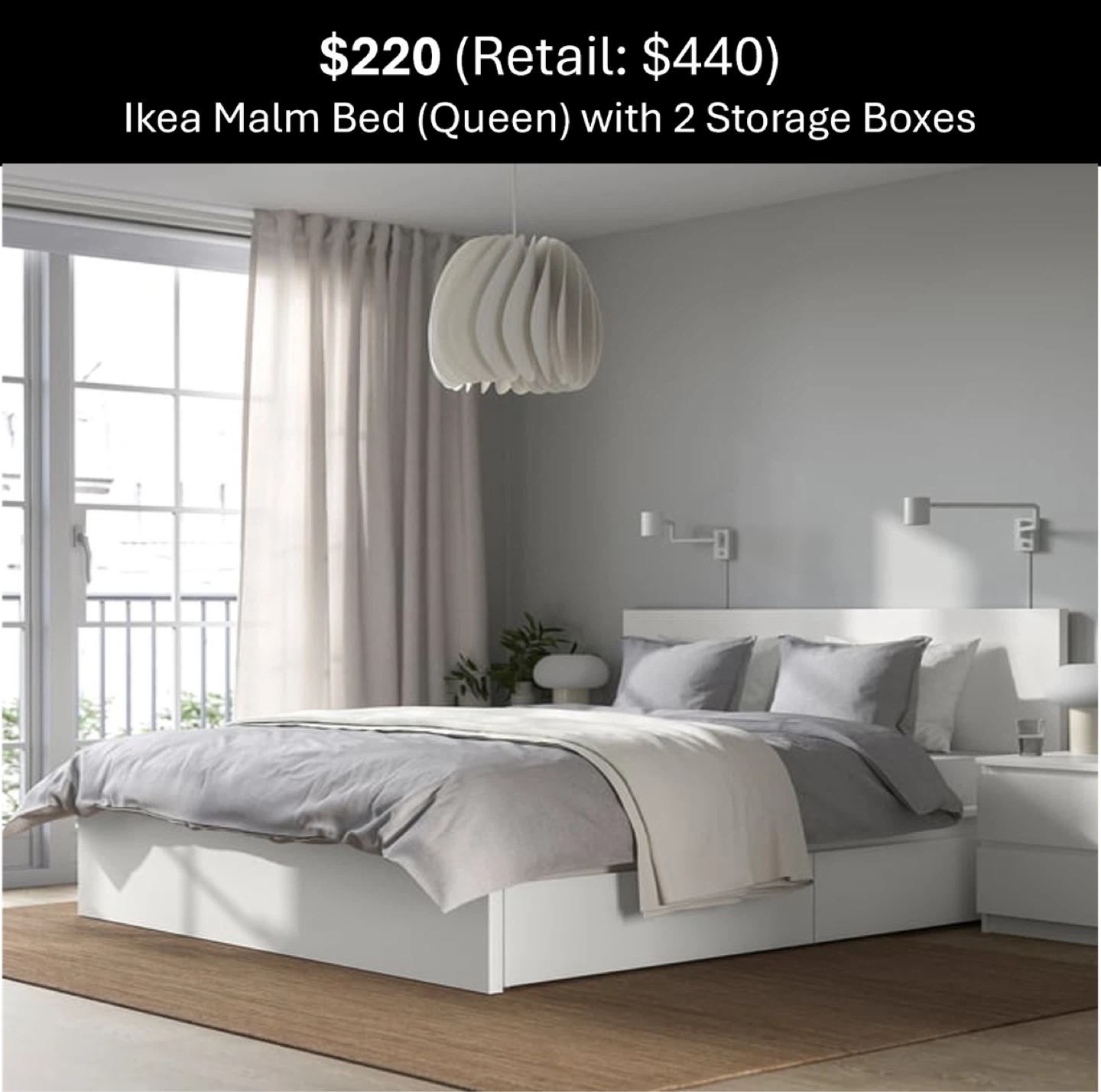 Ikea Malm Queen Bed with 2 Storage Boxes