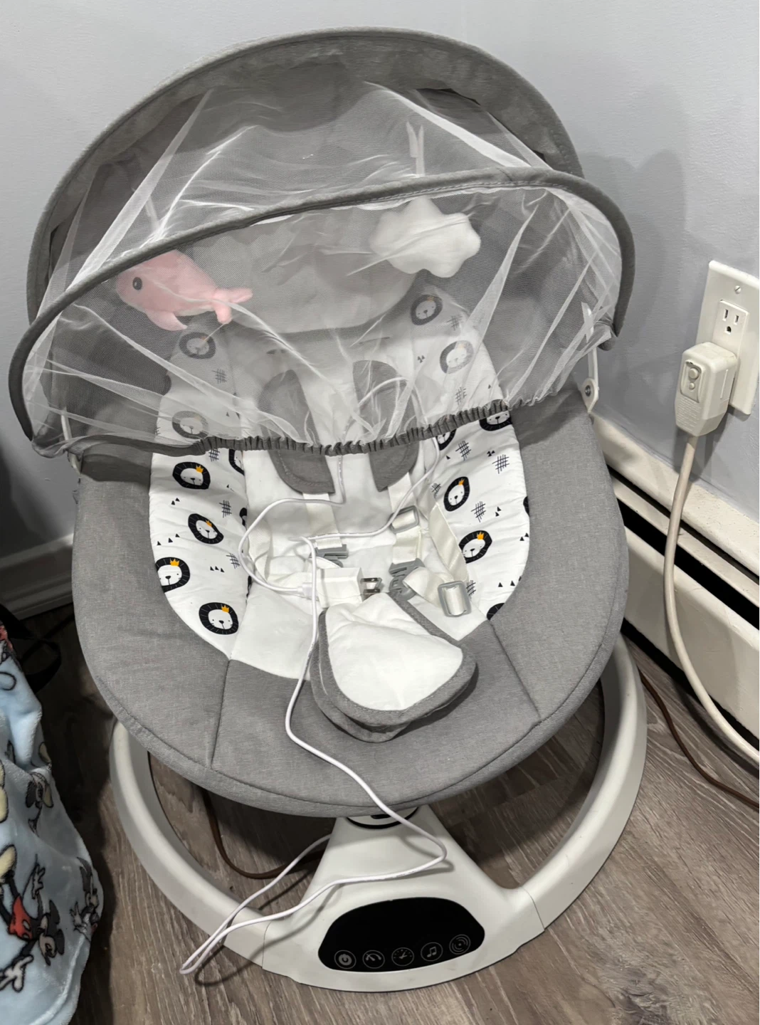 Gray Baby Swing with Penguin and Lion Print