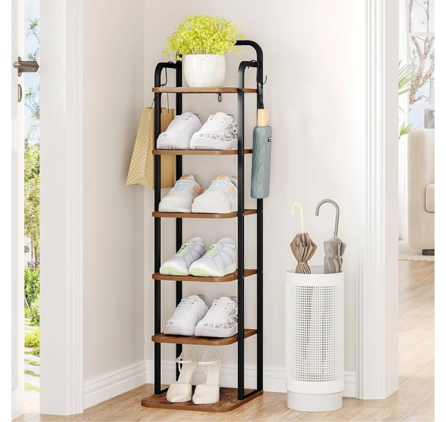5-Tier Shoe Rack with Hooks - Wood and Metal